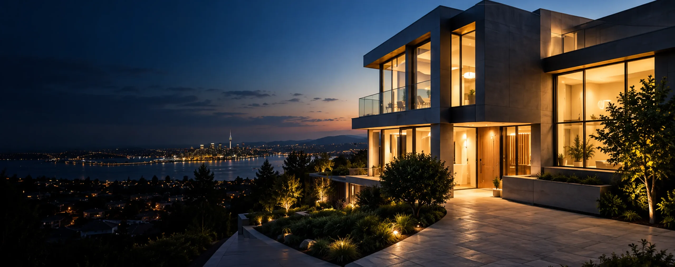 High-end modern Auckland home lit up at dusk, wired by APS Electrical